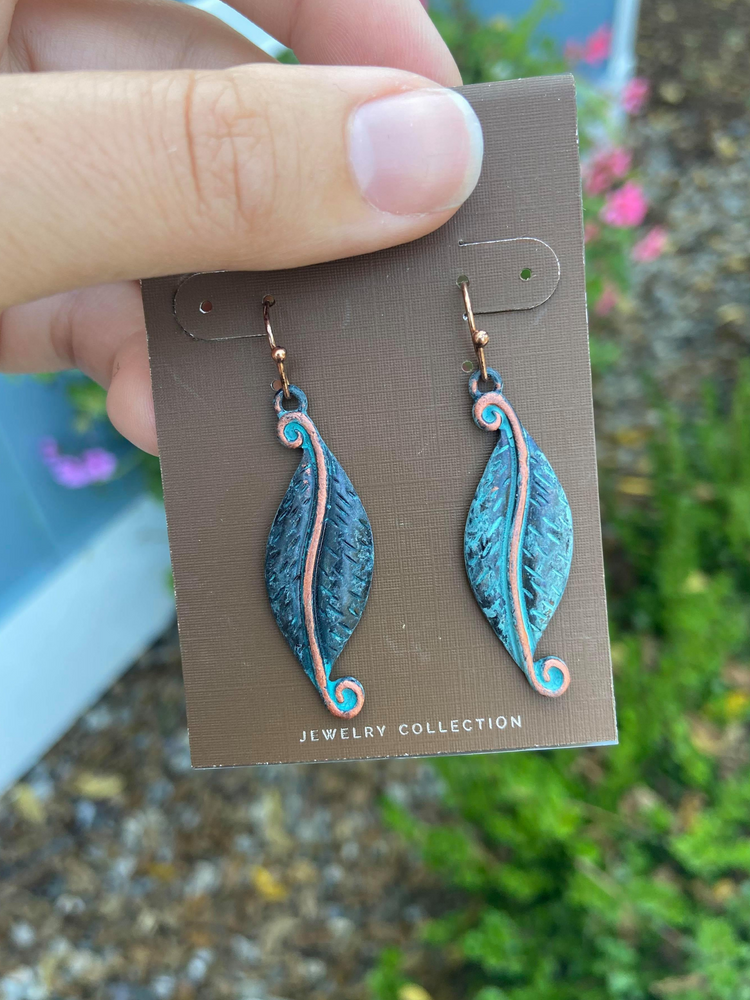 Copper Patina Swirly Leaves Earrings