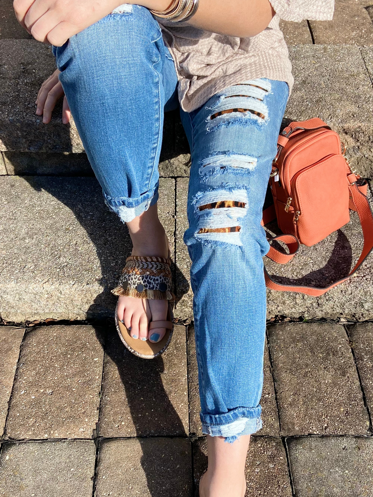 High Rise Leopard Patch Skinny Jeans - Wild Magnolia