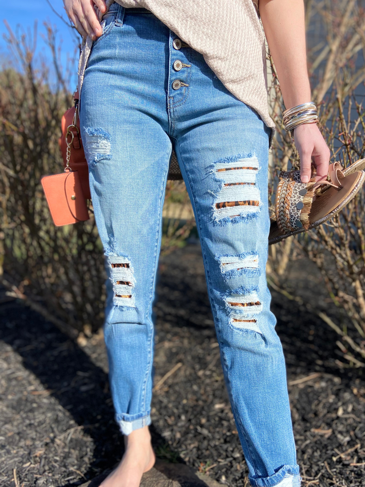 High Rise Leopard Patch Skinny Jeans - Wild Magnolia