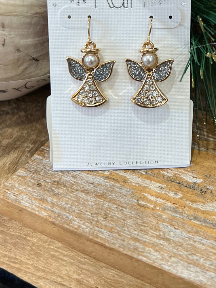 Gold Pearl Crystal Angel Earrings