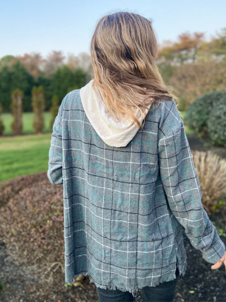 Blue Gray Button Down Flannel with Hood - Wild Magnolia