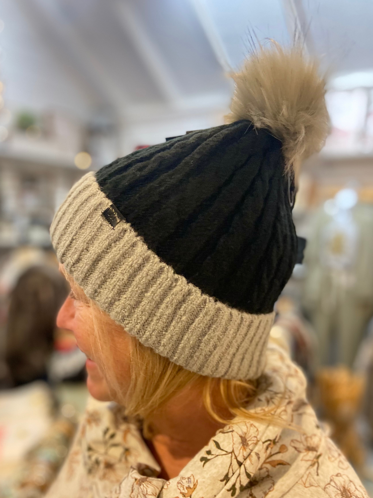 Cable Knit Cuff Beanie with Faux Fur Pom Pom